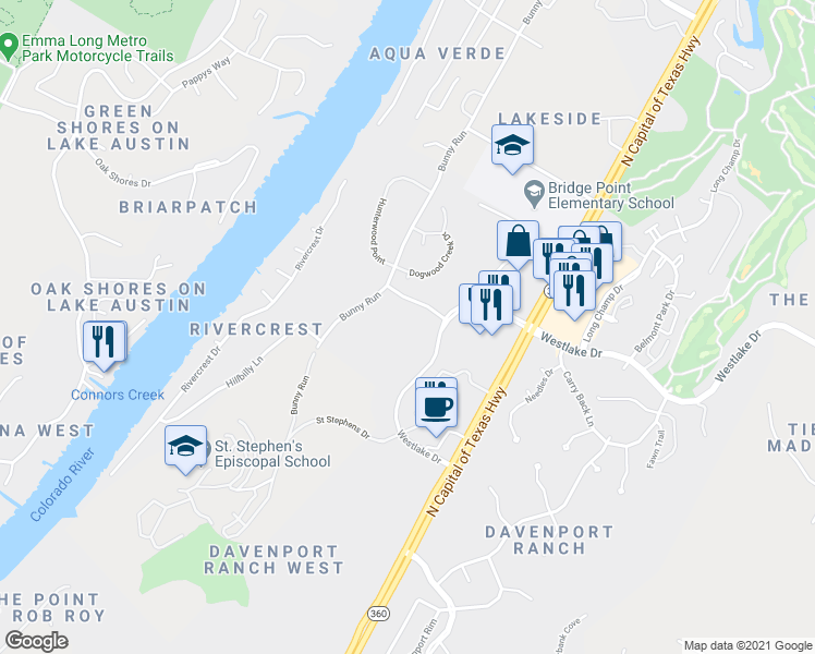map of restaurants, bars, coffee shops, grocery stores, and more near 4417 Westlake Drive in Austin