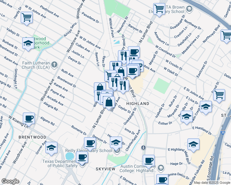 map of restaurants, bars, coffee shops, grocery stores, and more near 6800 North Lamar Boulevard in Austin