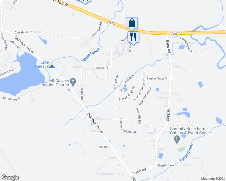 map of restaurants, bars, coffee shops, grocery stores, and more near 1500 West Creek Drive in Conroe