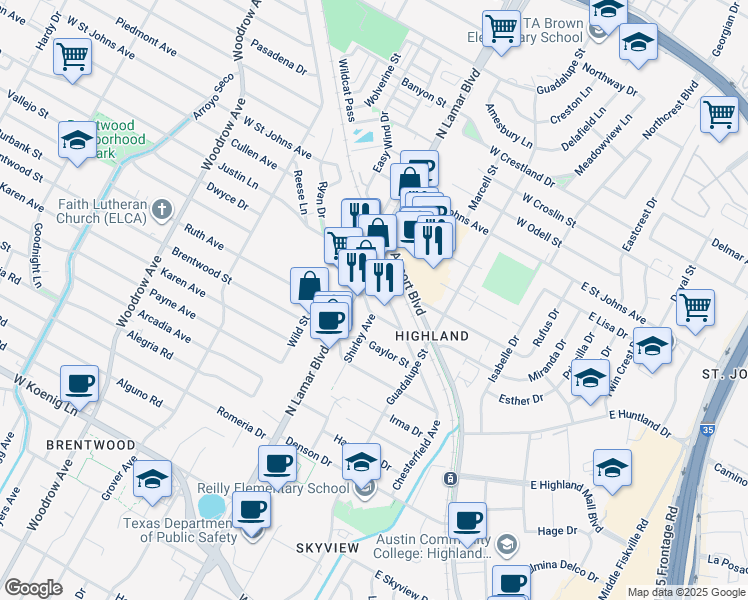 map of restaurants, bars, coffee shops, grocery stores, and more near 6904 Shirley Avenue in Austin