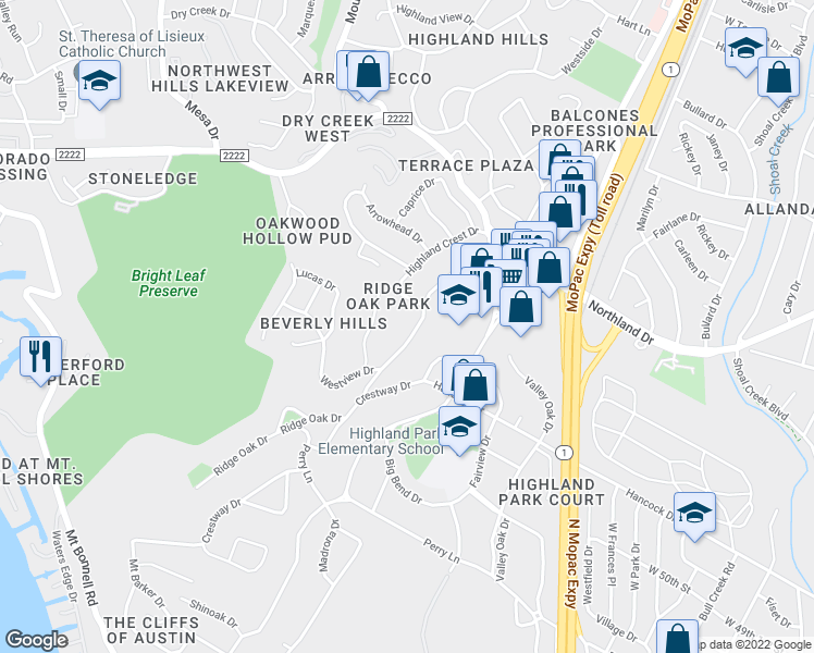 map of restaurants, bars, coffee shops, grocery stores, and more near 5200 Ridge Oak Drive in Austin