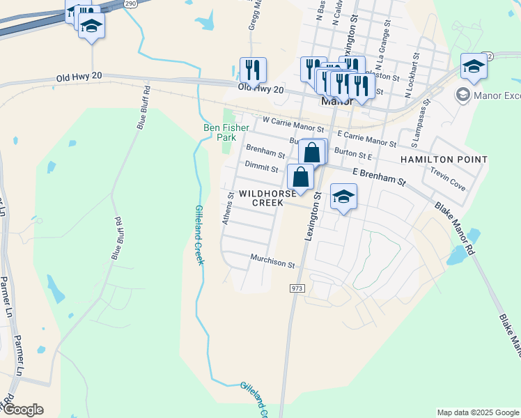 map of restaurants, bars, coffee shops, grocery stores, and more near 11501 Lapoynor Street in Manor
