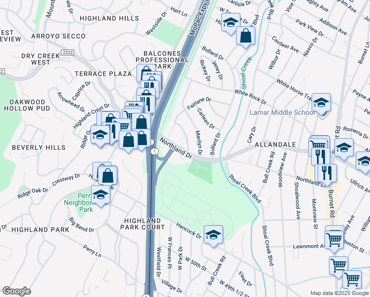map of restaurants, bars, coffee shops, grocery stores, and more near 5700 Louise Lane in Austin