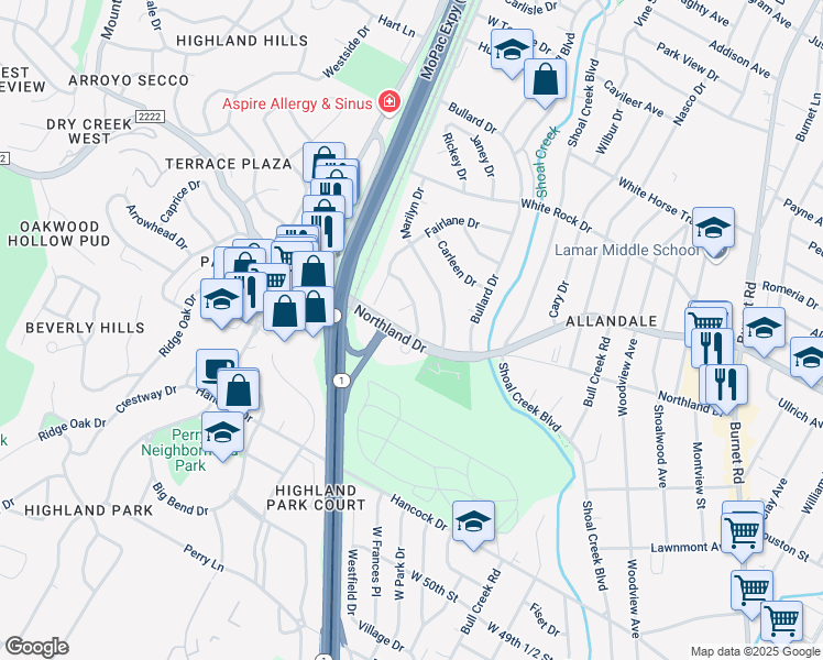 map of restaurants, bars, coffee shops, grocery stores, and more near 5700 Louise Lane in Austin