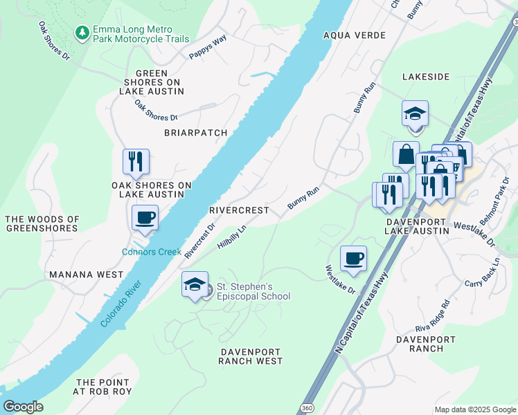 map of restaurants, bars, coffee shops, grocery stores, and more near 3210 Hillbilly Lane in Austin