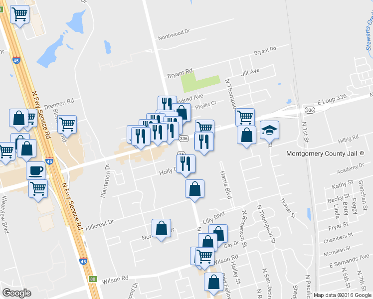 map of restaurants, bars, coffee shops, grocery stores, and more near 599 West Cartwright Road in Conroe
