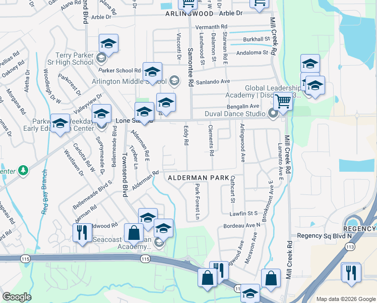 map of restaurants, bars, coffee shops, grocery stores, and more near 1365 Eddy Road in Jacksonville