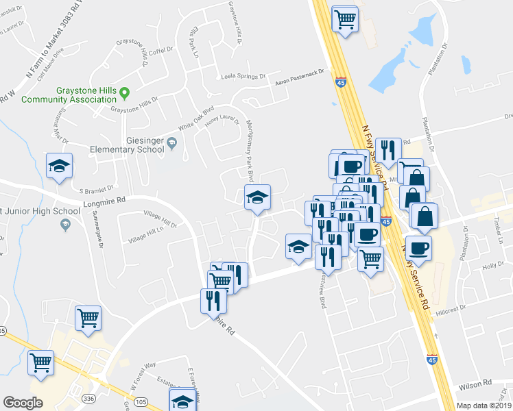 map of restaurants, bars, coffee shops, grocery stores, and more near 2327 Montgomery Park Boulevard in Conroe