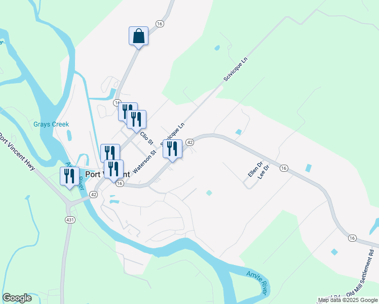 map of restaurants, bars, coffee shops, grocery stores, and more near 18185 Louisiana 16 in Port Vincent