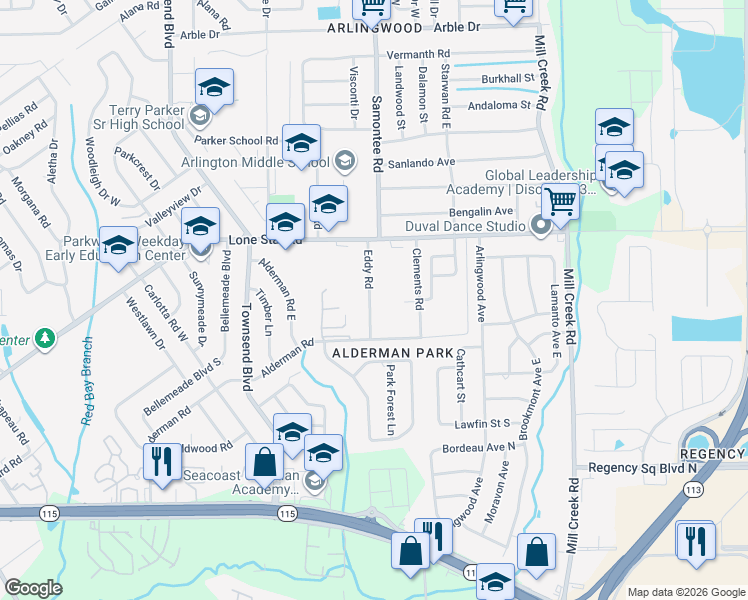 map of restaurants, bars, coffee shops, grocery stores, and more near 1365 Eddy Road in Jacksonville