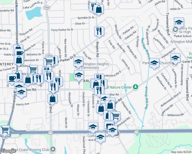 map of restaurants, bars, coffee shops, grocery stores, and more near 6643 Brandemere Road South in Jacksonville