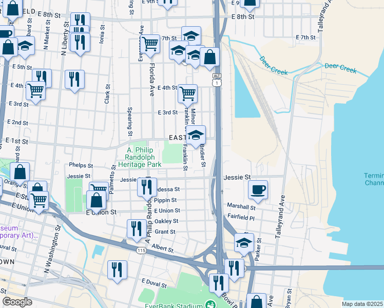 map of restaurants, bars, coffee shops, grocery stores, and more near in Jacksonville