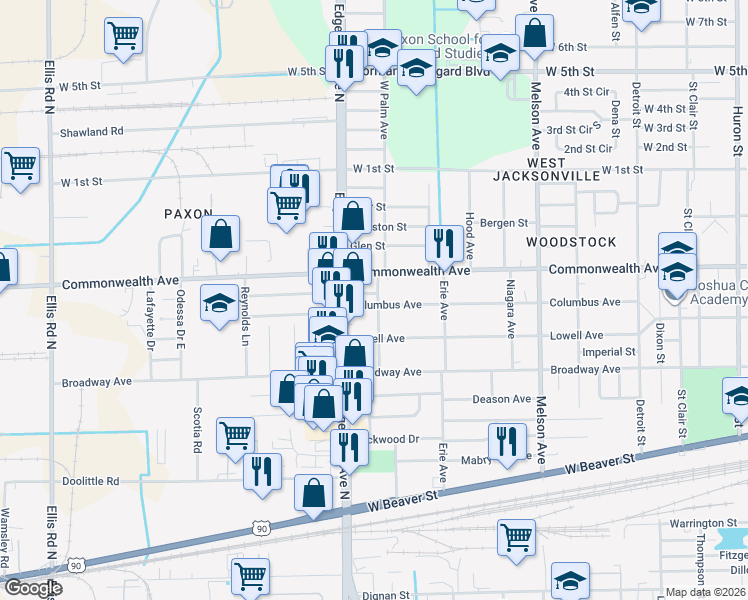 map of restaurants, bars, coffee shops, grocery stores, and more near 3470 Commonwealth Avenue in Jacksonville