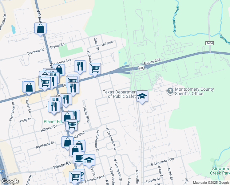 map of restaurants, bars, coffee shops, grocery stores, and more near 300 Heidelberg Street in Conroe