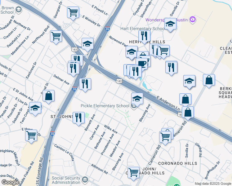 map of restaurants, bars, coffee shops, grocery stores, and more near 7608 Carver Avenue in Austin