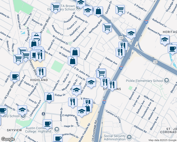 map of restaurants, bars, coffee shops, grocery stores, and more near 7209 Eastcrest Drive in Austin