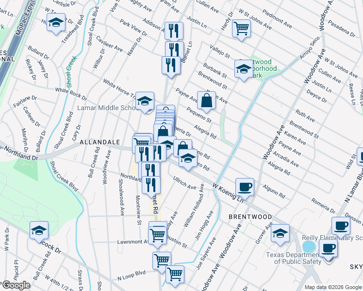 map of restaurants, bars, coffee shops, grocery stores, and more near 2005 Alguno Road in Austin