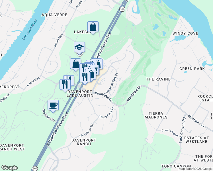map of restaurants, bars, coffee shops, grocery stores, and more near 6008 Long Champ Court in Austin