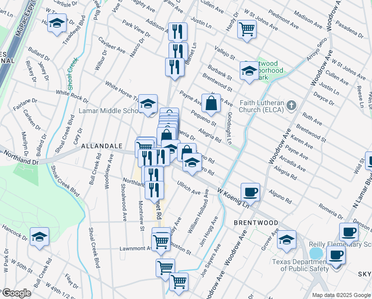 map of restaurants, bars, coffee shops, grocery stores, and more near 2005 Alguno Road in Austin