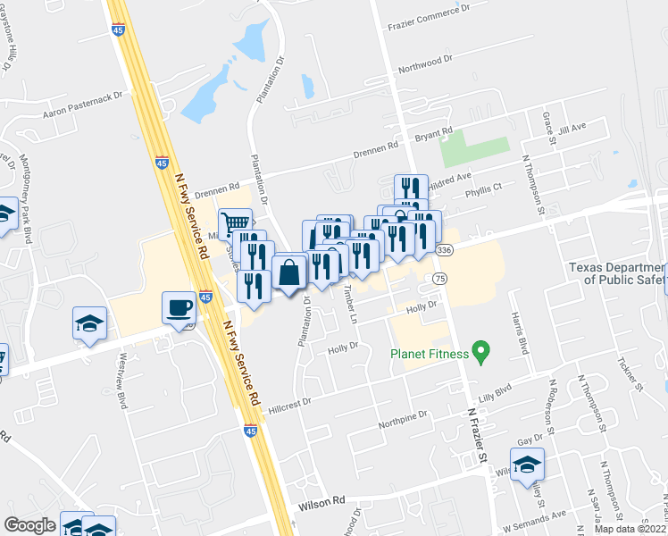 map of restaurants, bars, coffee shops, grocery stores, and more near 1108 North Loop 336 West in Conroe