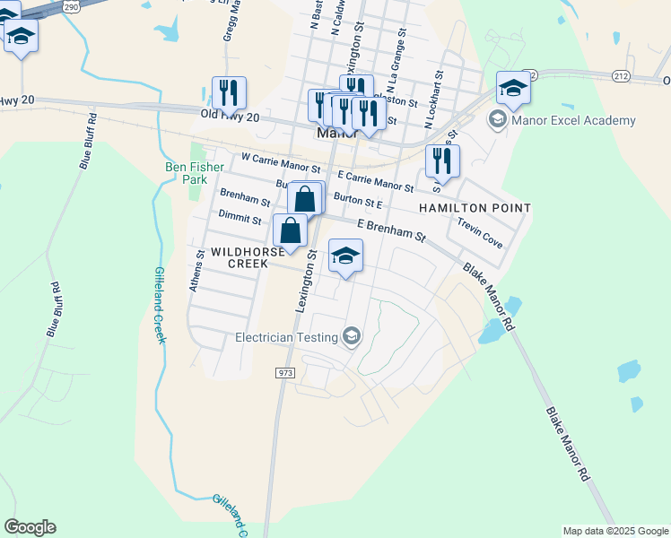 map of restaurants, bars, coffee shops, grocery stores, and more near 12320-12498 Farm to Market 973 in Manor