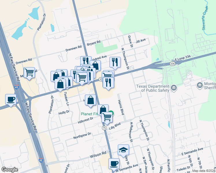map of restaurants, bars, coffee shops, grocery stores, and more near 2108 North Frazier Street in Conroe