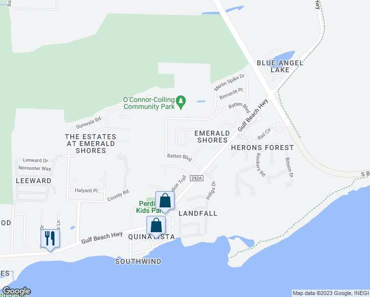 map of restaurants, bars, coffee shops, grocery stores, and more near 382 Mizzen Lane in Pensacola