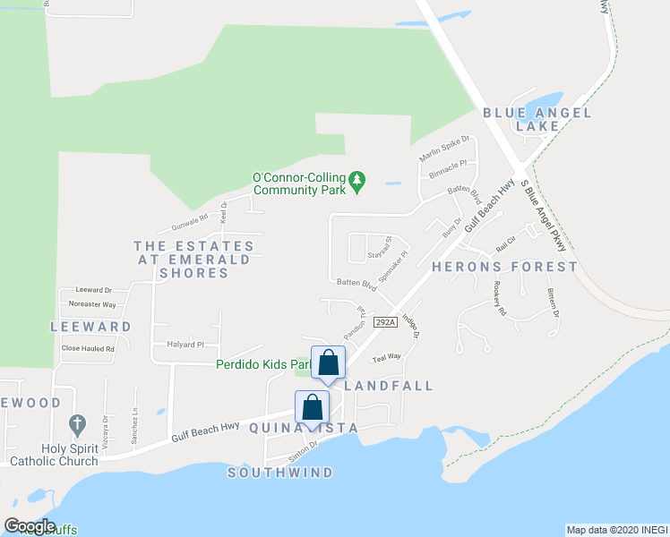 map of restaurants, bars, coffee shops, grocery stores, and more near 587 Batten Boulevard in Pensacola