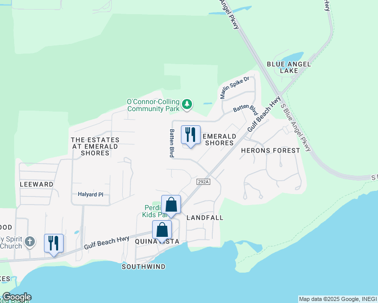 map of restaurants, bars, coffee shops, grocery stores, and more near 380 Mizzen Lane in Pensacola