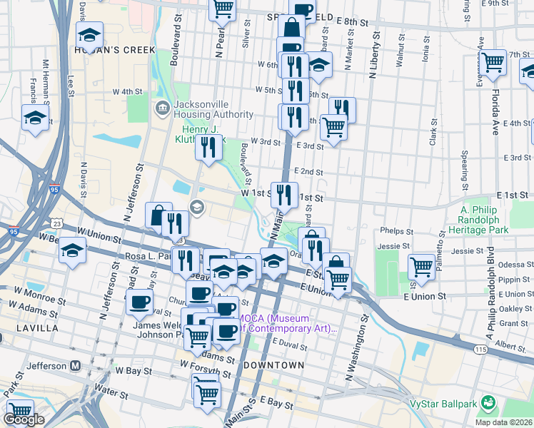 map of restaurants, bars, coffee shops, grocery stores, and more near 1002 North Main Street in Jacksonville