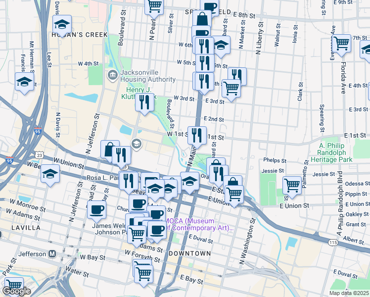 map of restaurants, bars, coffee shops, grocery stores, and more near 1002 North Main Street in Jacksonville