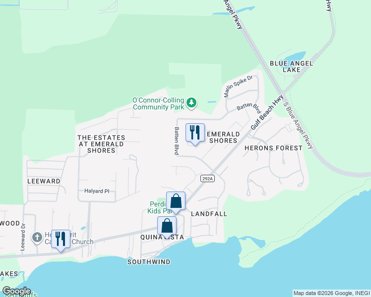 map of restaurants, bars, coffee shops, grocery stores, and more near 581 Batten Boulevard in Pensacola