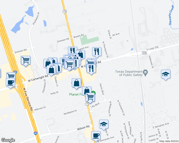 map of restaurants, bars, coffee shops, grocery stores, and more near 2108 North Frazier Street in Conroe