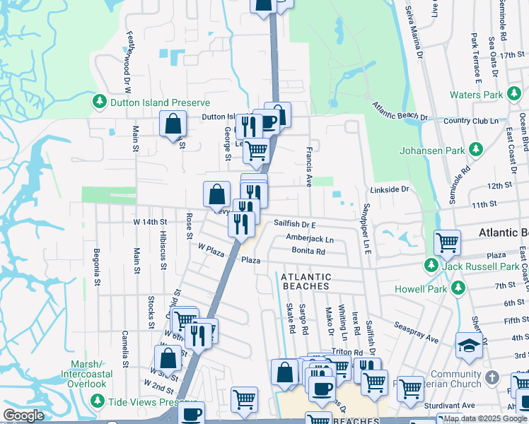 map of restaurants, bars, coffee shops, grocery stores, and more near 30 Ardella Road in Atlantic Beach