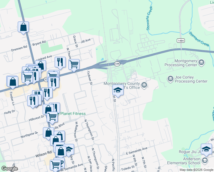 map of restaurants, bars, coffee shops, grocery stores, and more near 101 Delores Street in Conroe