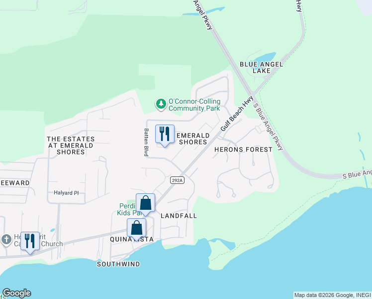map of restaurants, bars, coffee shops, grocery stores, and more near 4111 Spinnaker Place in Pensacola