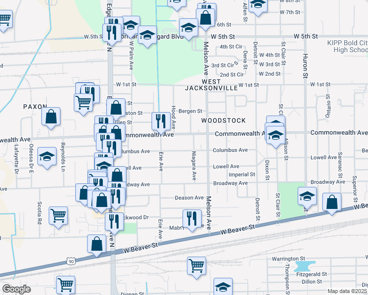 map of restaurants, bars, coffee shops, grocery stores, and more near 3320 Commonwealth Avenue in Jacksonville