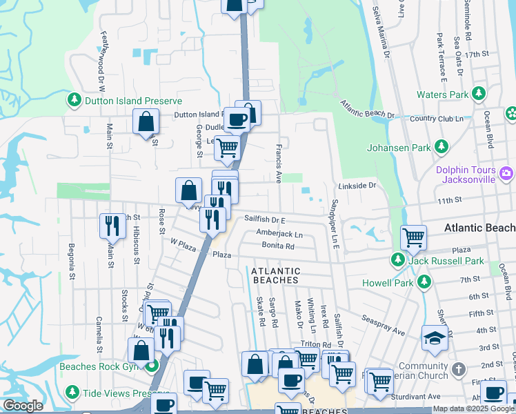 map of restaurants, bars, coffee shops, grocery stores, and more near 96b Ardella Road in Atlantic Beach