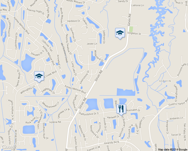 map of restaurants, bars, coffee shops, grocery stores, and more near 868 Candleknoll Lane in Jacksonville
