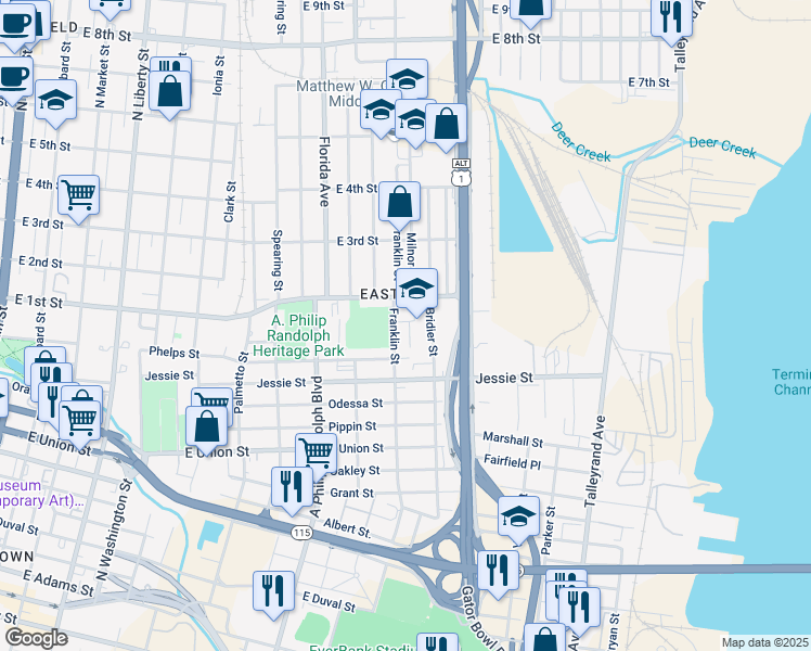 map of restaurants, bars, coffee shops, grocery stores, and more near in Jacksonville