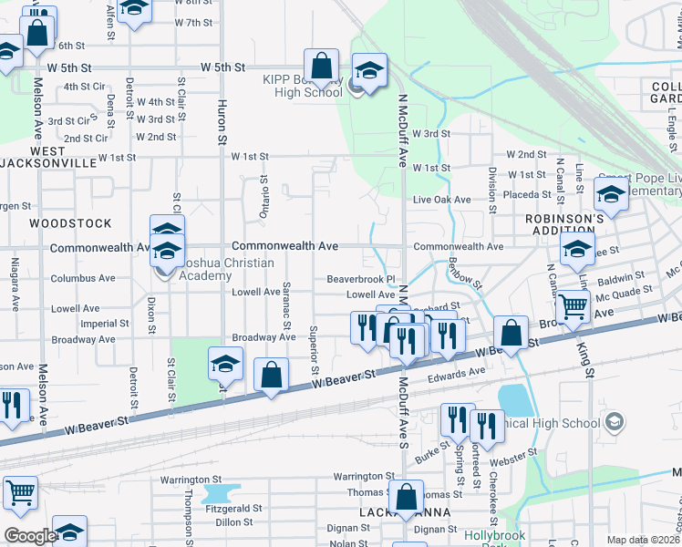 map of restaurants, bars, coffee shops, grocery stores, and more near 2578 Commonwealth Avenue in Jacksonville
