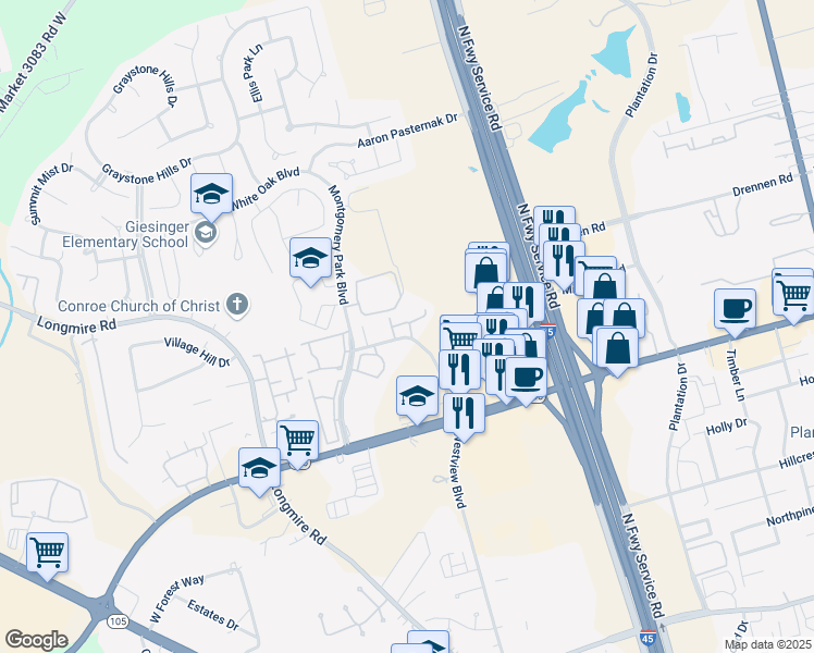 map of restaurants, bars, coffee shops, grocery stores, and more near 2210 Westview Boulevard in Conroe