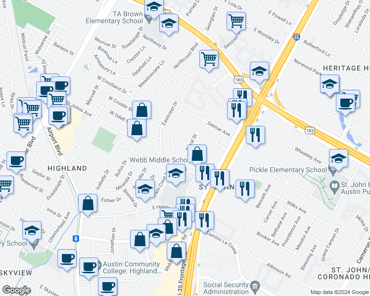 map of restaurants, bars, coffee shops, grocery stores, and more near 305 East Croslin Street in Austin