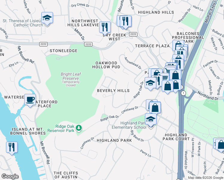 map of restaurants, bars, coffee shops, grocery stores, and more near 5100 Beverly Skyline in Austin