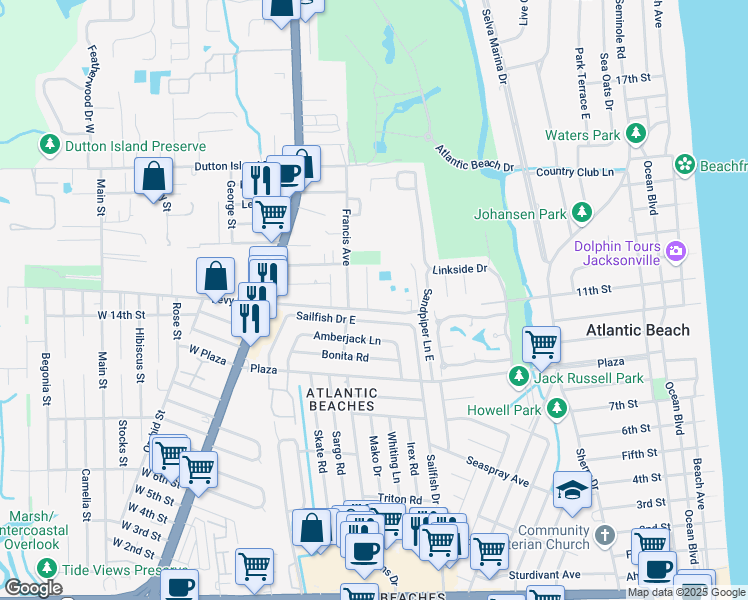 map of restaurants, bars, coffee shops, grocery stores, and more near 1501 Jordan Street in Atlantic Beach