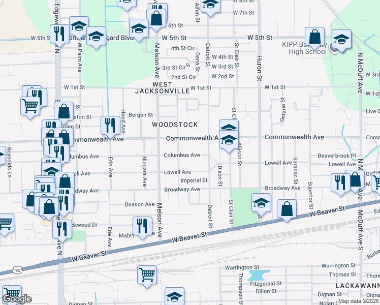 map of restaurants, bars, coffee shops, grocery stores, and more near 3056 Commonwealth Avenue in Jacksonville