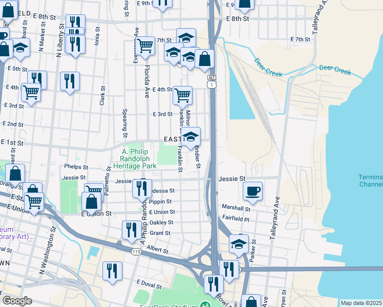 map of restaurants, bars, coffee shops, grocery stores, and more near 940 Bridier Street in Jacksonville