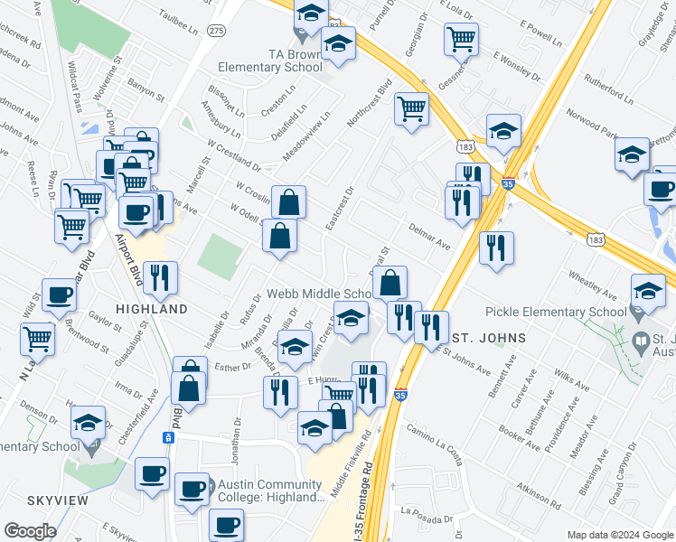 map of restaurants, bars, coffee shops, grocery stores, and more near 7206 Twin Crest Drive in Austin
