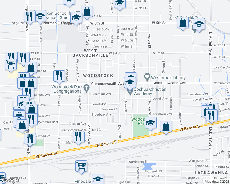 map of restaurants, bars, coffee shops, grocery stores, and more near 3021 Columbus Avenue in Jacksonville