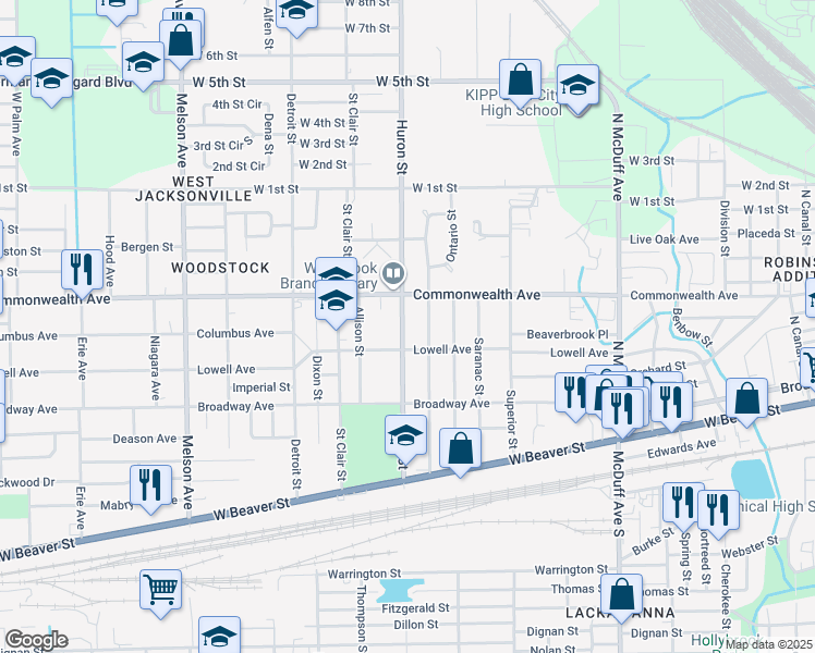 map of restaurants, bars, coffee shops, grocery stores, and more near 927 Huron Street in Jacksonville